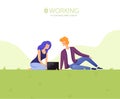The girl and the guy running on the lawn in the park. Work in harmony with nature. Vector illustration